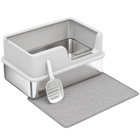 High-Sided Stainless Steel Cat Litter Tray &ndash; Light Grey, 60cm
