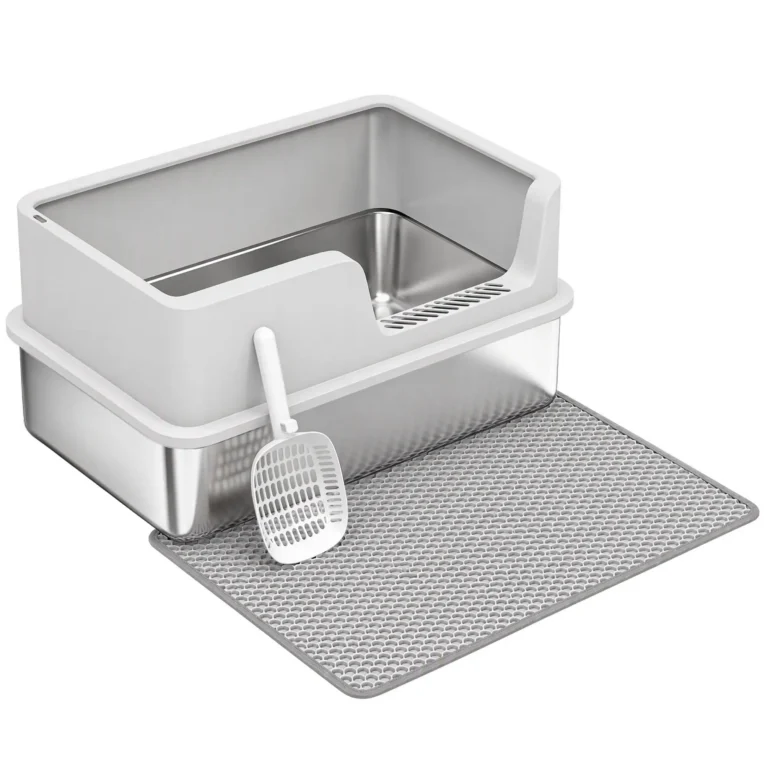 High-Sided Stainless Steel Cat Litter Tray – Light Grey, 60cm