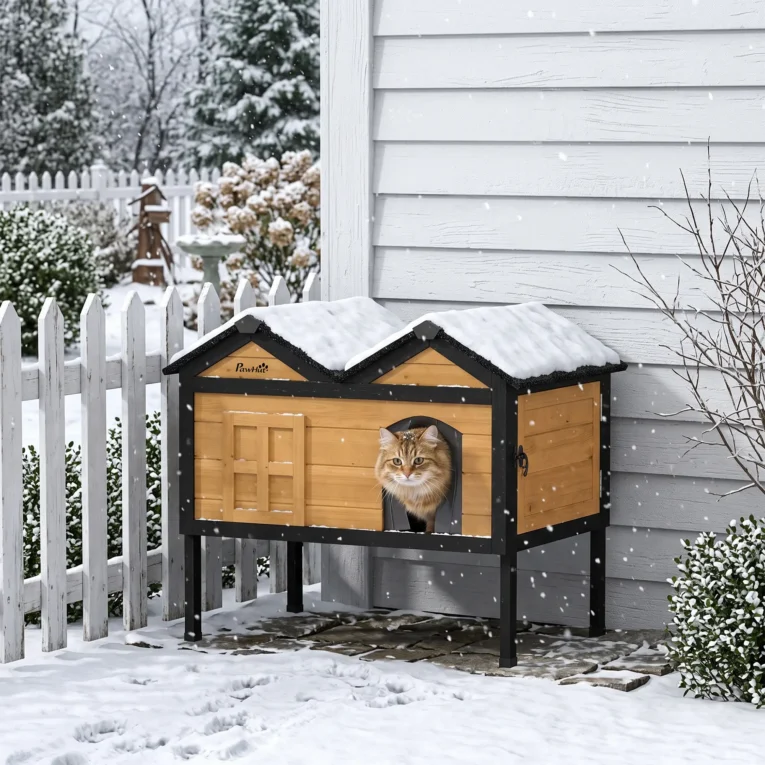 Raised Wooden Cat Shelter with Side Access – Yellow, 74.6cm