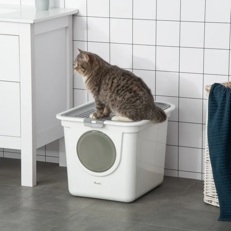Enclosed Cat Litter Box with Front Entry and Top Exit – White