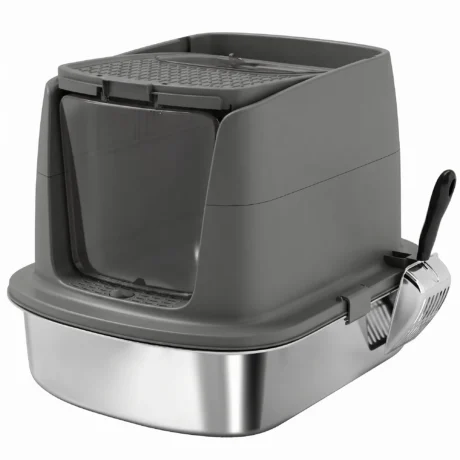 Covered Steel Cat Litter Box with Top Exit – Dark Grey, 52cm