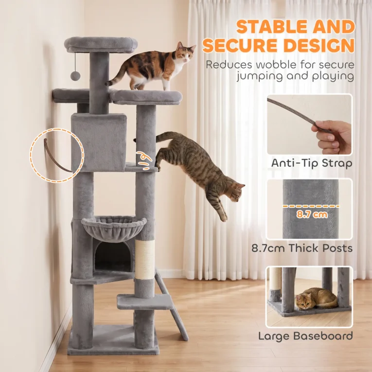 Tall Cat Tower with Three Beds and Two Dens – Dark Grey, 184cm Tall Cat Tower with Three Beds and Two Dens – Dark Grey, 184cm