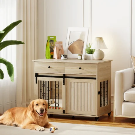 Dog Crate Cabinet with Sliding Door and Two Drawers – Oak, 100cm