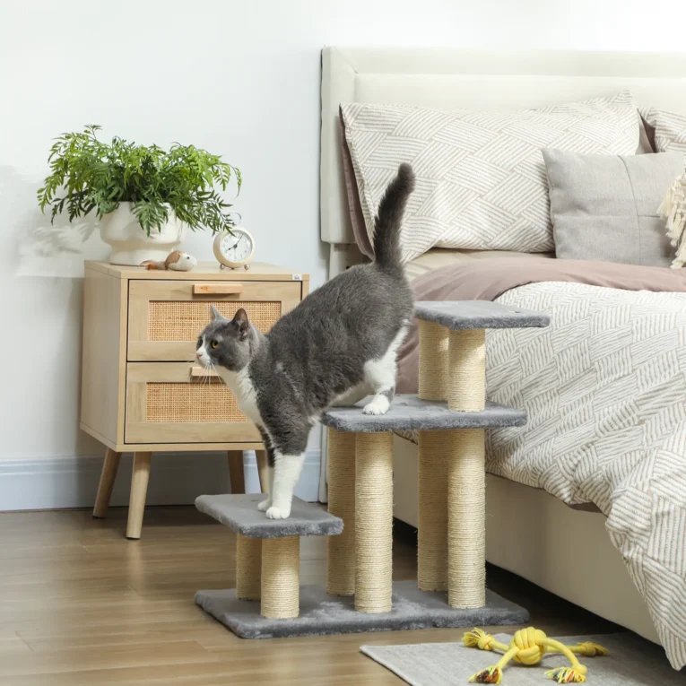 Three-Step Pet Stairs with Sisal Posts and Adjustable Top – Grey
