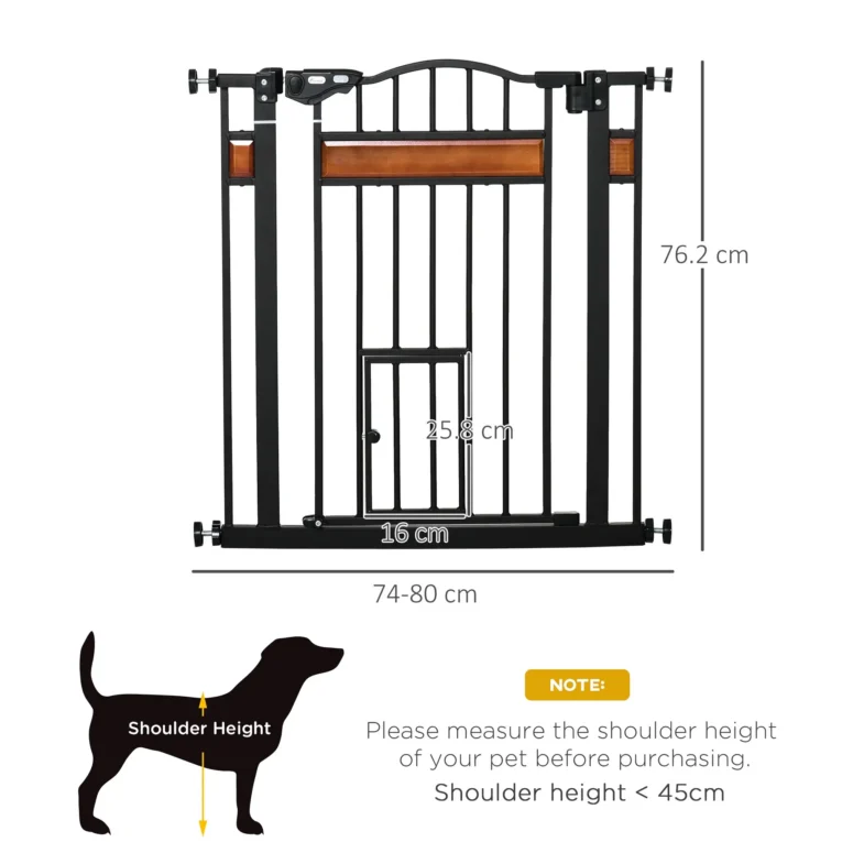 Auto-Closing Pet Gate with Cat Flap – Black, 74–80cm