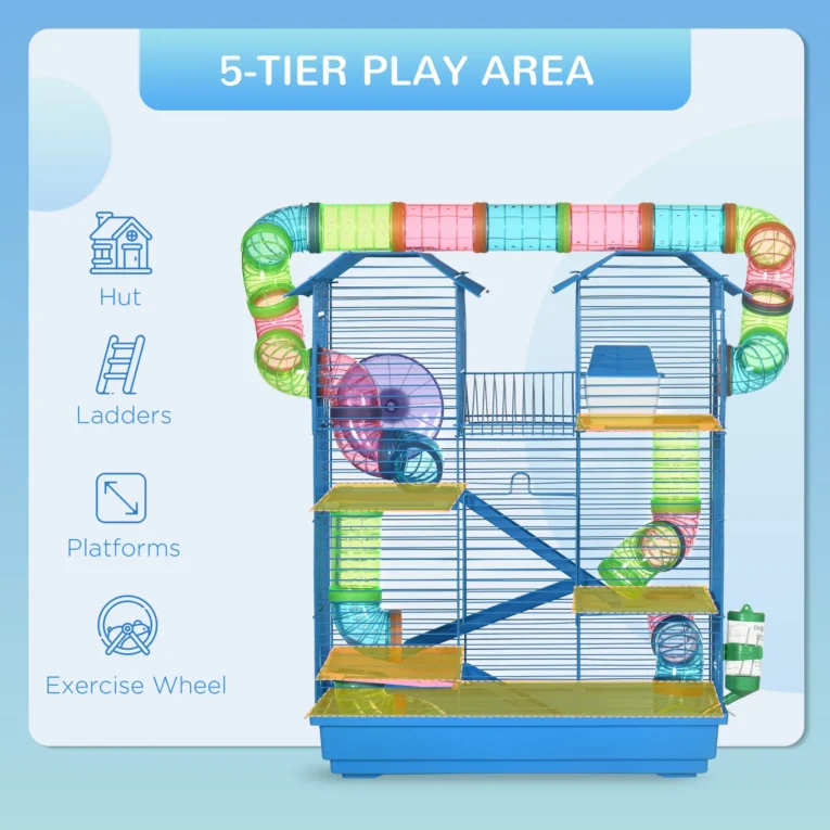 Five-Level Hamster Habitat with Full Tunnel Loop – Blue, 47 × 30 × 59cm