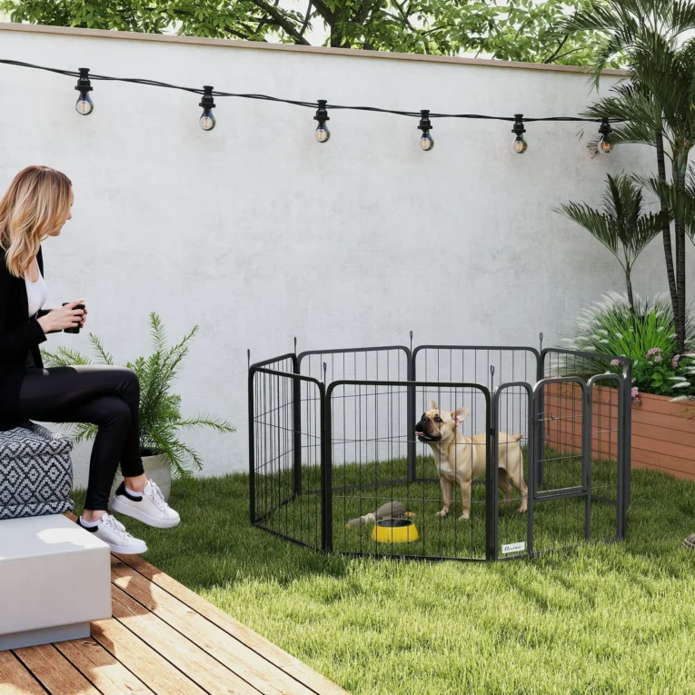 Eight-Panel Steel Dog Playpen with Gate – Black, 60cm High