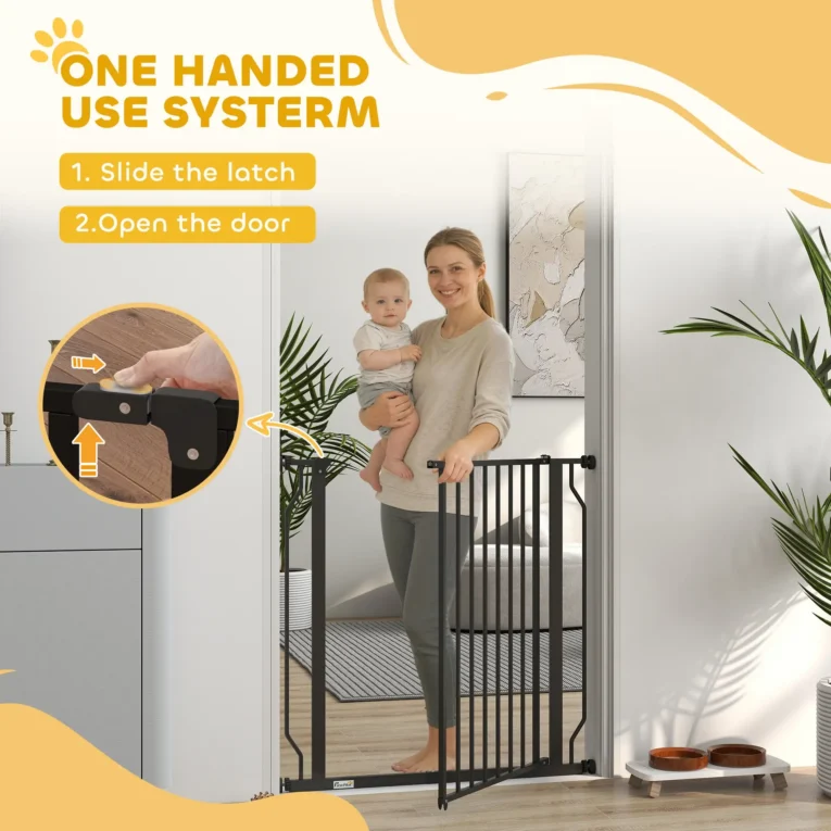 Extra Wide Dog Gate with Door for Stairways – Black
