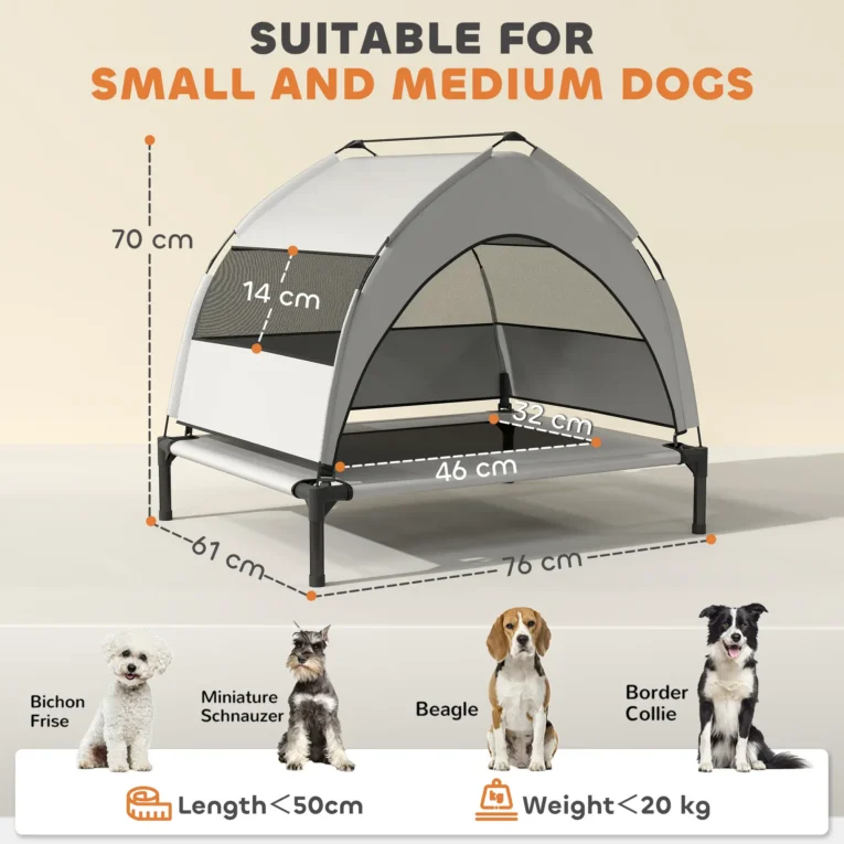 Compact Raised Dog Bed with Canopy and Carry Bag – Grey, 76cm Compact Raised Dog Bed with Canopy and Carry Bag – Grey, 76cm