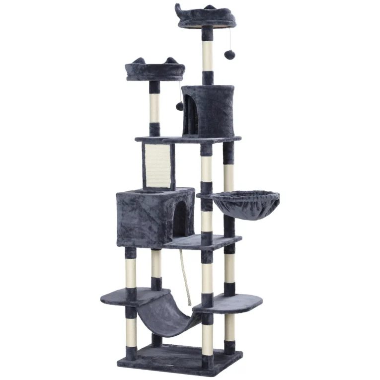 Multi-Level Cat Tower with Dens and Scratching Board – Dark Grey, 206cm Multi-Level Cat Tower with Dens and Scratching Board – Dark Grey, 206cm