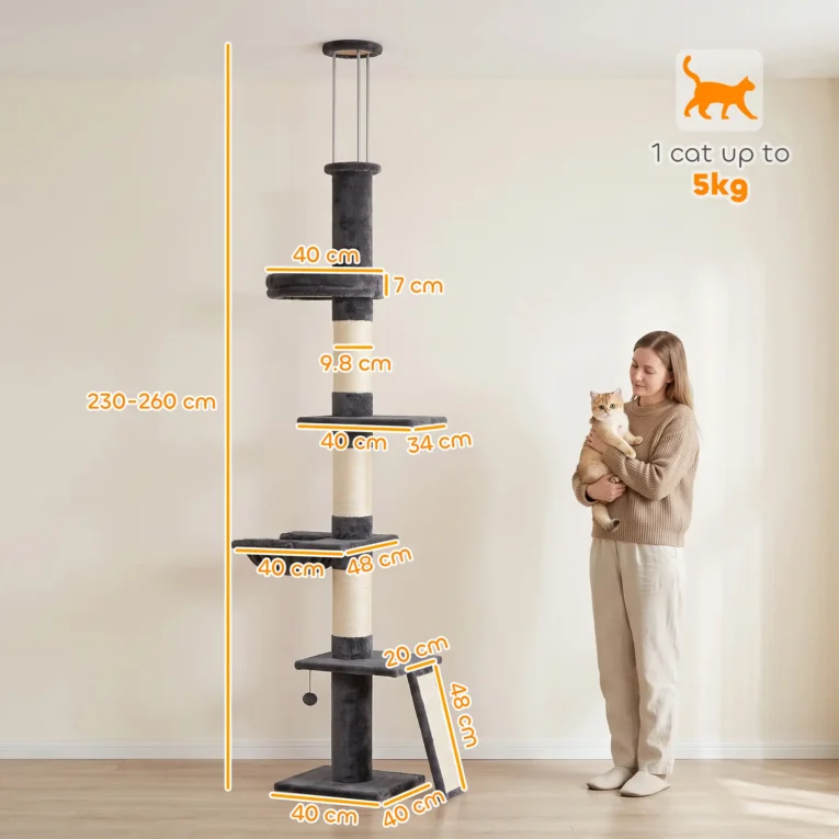 Floor to Ceiling Cat Tree 5-Level Bed Hammock – Dark Grey, Cream White