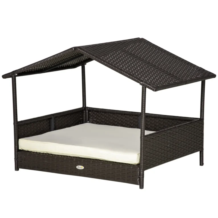Wicker Dog House Rattan Pet Bed with Canopy – Dark brown and cream