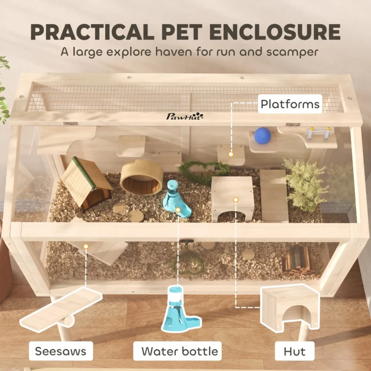 Wooden Hamster Cage with Seesaws and Platforms, 110cm – Natural wood finish Wooden Hamster Cage with Seesaws and Platforms, 110cm – Natural wood finish
