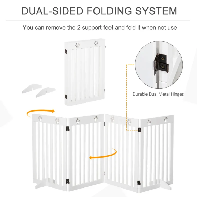 Four-Panel Freestanding Pet Barrier with Support Feet – White