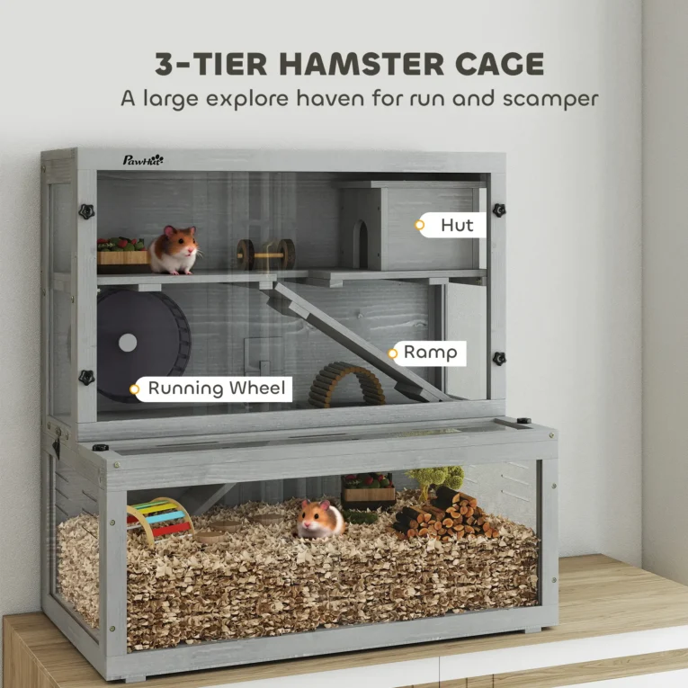Three-Level Wooden Hamster Habitat with Wheel – Grey, 80cm Three-Level Wooden Hamster Habitat with Wheel – Grey, 80cm