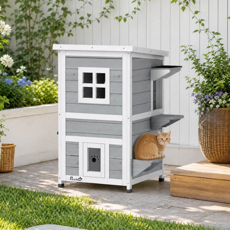 Two-Level Wooden Cat House with Opening Roof – Grey