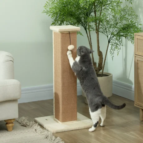 Tall Jute Cat Scratching Column with Toy – Beige, 81cm