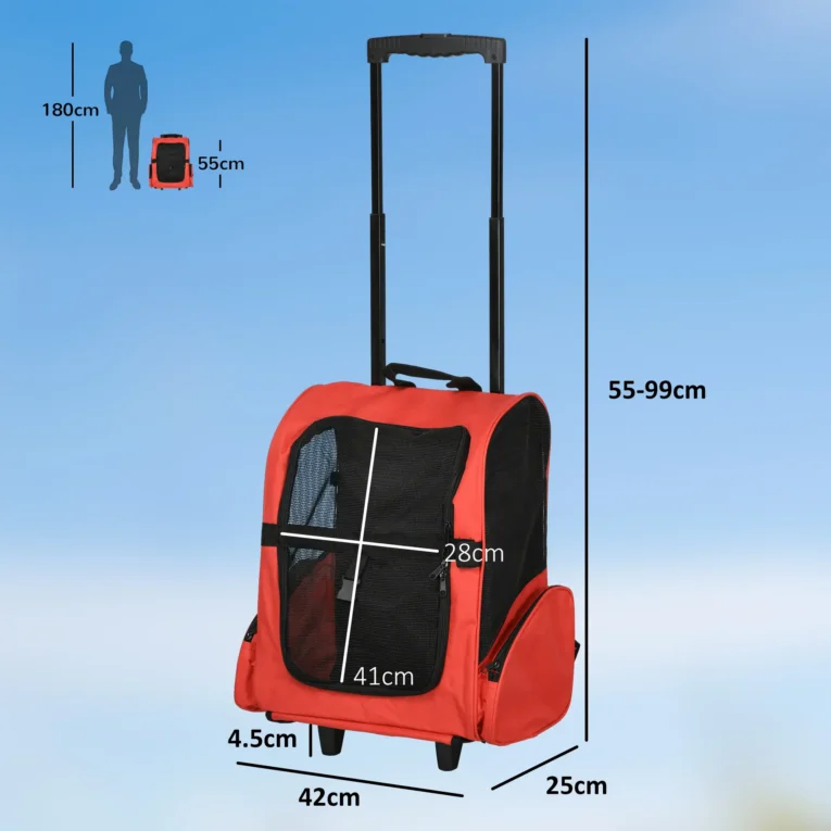 Pet Backpack and Wheeled Trolley Carrier – Red, Under 4kg