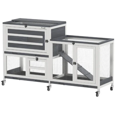 Two-Level Rabbit Hutch with Run, Wheels and Trays &ndash; Grey, 147cm