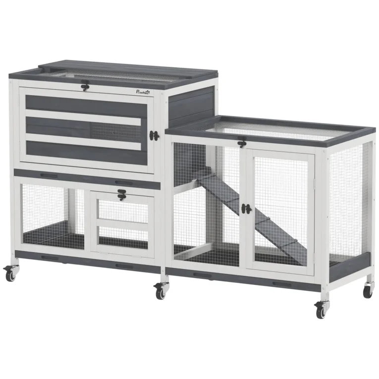 Two-Level Rabbit Hutch with Run, Wheels and Trays – Grey, 147cm Two-Level Rabbit Hutch with Run, Wheels and Trays – Grey, 147cm