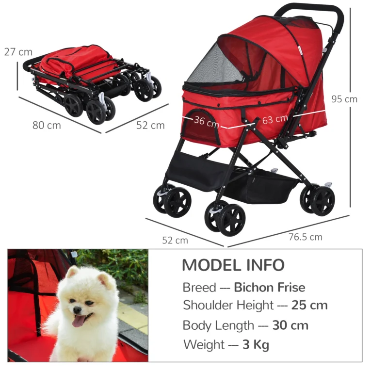 Folding Pet Stroller with Reversible Handle – Red Folding Pet Stroller with Reversible Handle – Red