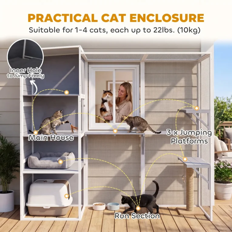 Wooden Outdoor Catio with Sheltered Rooms – Grey, 191cm Wooden Outdoor Catio with Sheltered Rooms – Grey, 191cm
