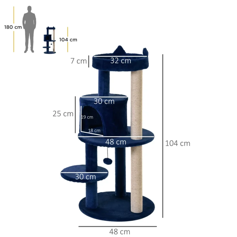 Cat Tree with Round Den and Perches – Blue, 104cm