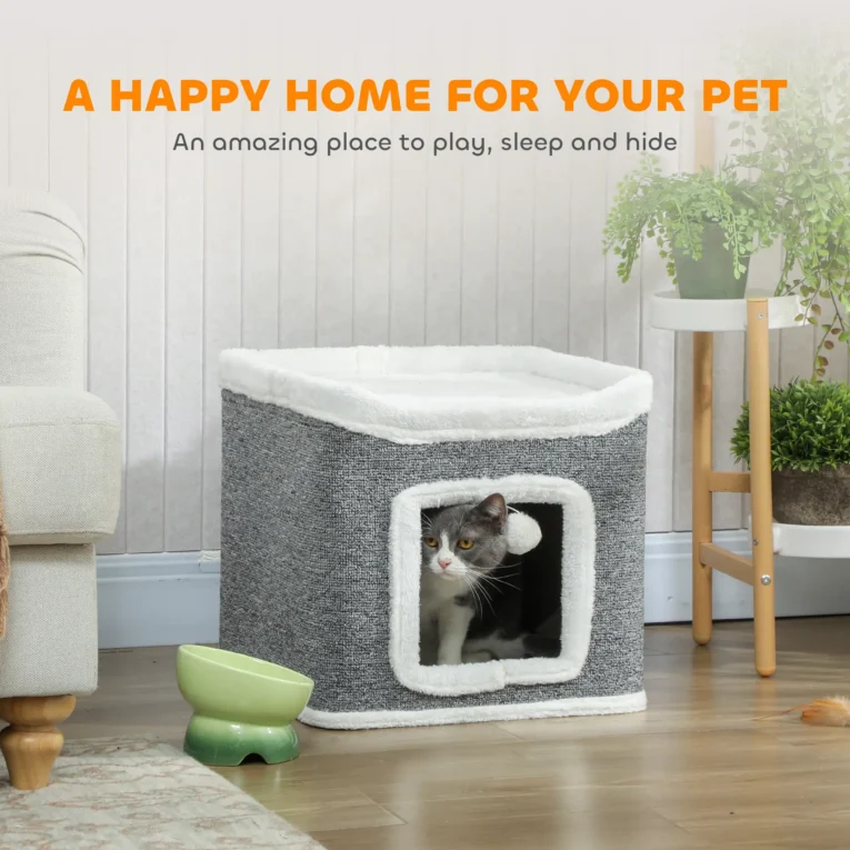 Two-Level Cat Hideaway with Top Bed and Toys – Grey, 41cm