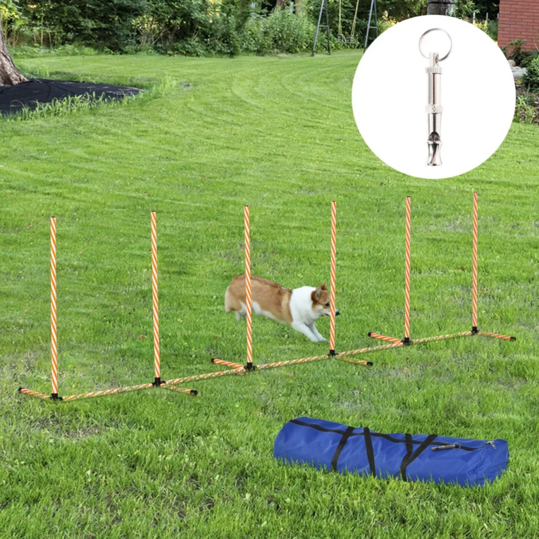 Six-Pole Dog Agility Weave Set with Whistle and Bag – Orange and White