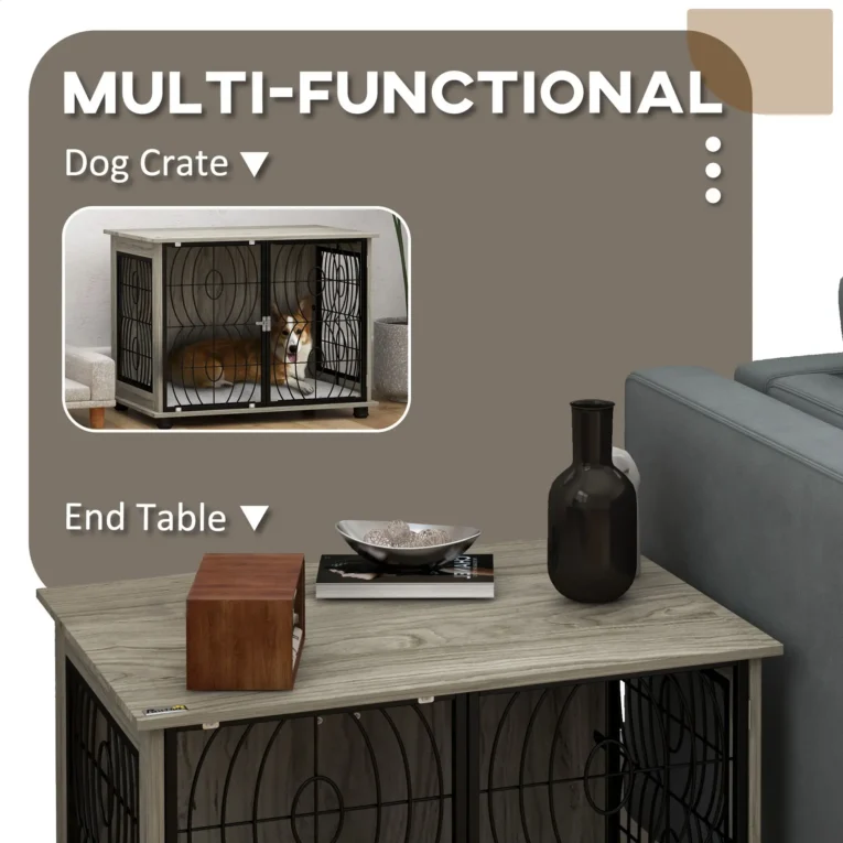 Medium Dog Crate Side Table with Cushion – Grey Wood Effect, 80cm