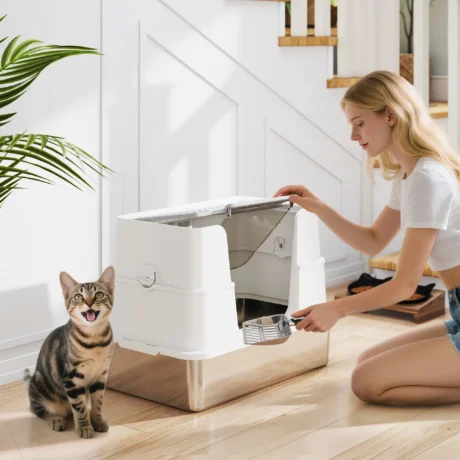 XL Steel Cat Litter Box with Flip Lid and Dual Access – Light Grey