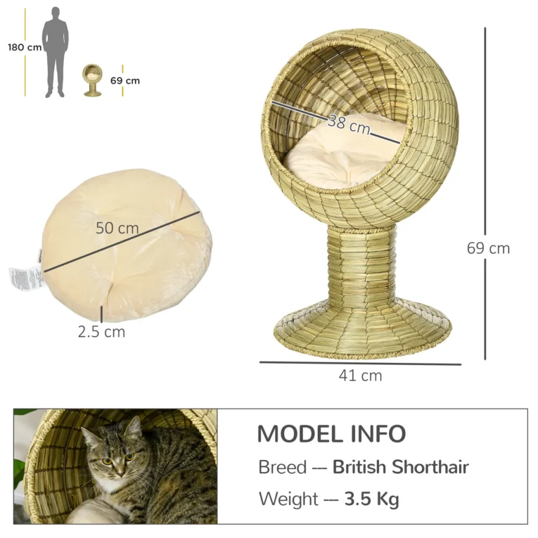 Raised Woven-Grass Cat Cave with Cushion – Yellow, 69cm