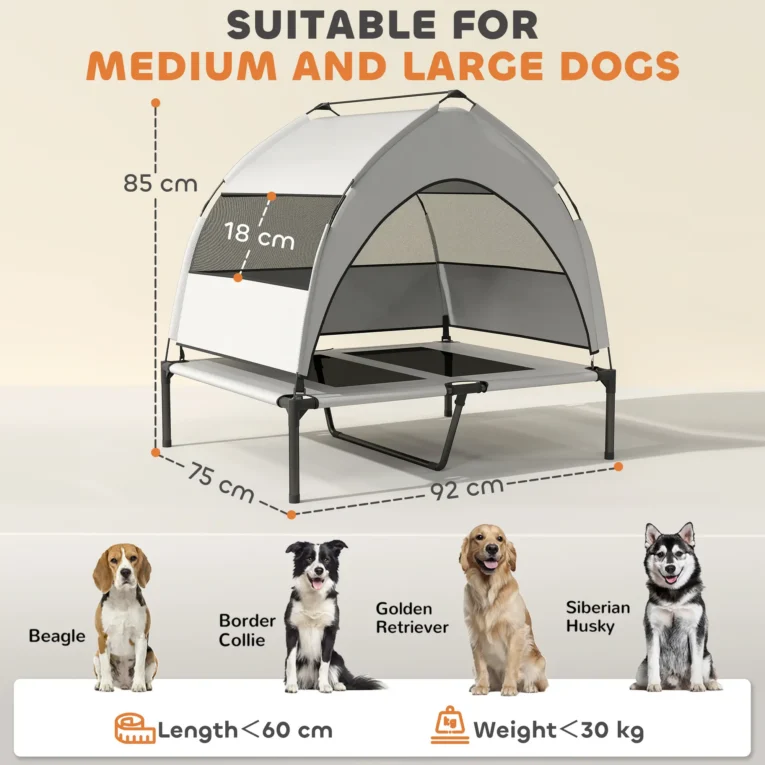 Raised Dog Cot with Removable Sun Canopy – Grey, 92cm Raised Dog Cot with Removable Sun Canopy – Grey, 92cm