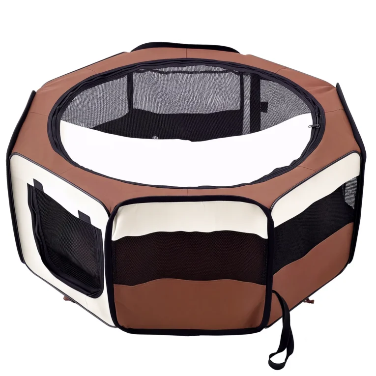 Folding Fabric Pet Playpen with Mesh Panels – Brown, 90cm