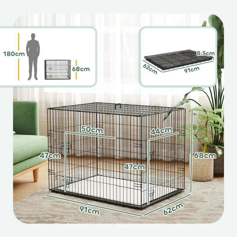 Folding Two-Door Dog Crate with Cushion – Black, 90cm