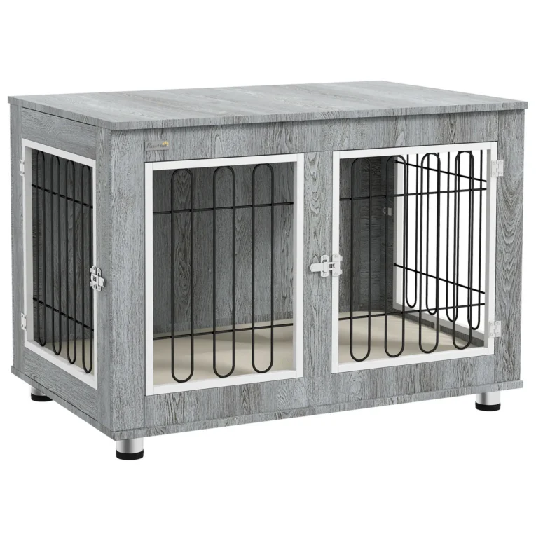 Dog Crate Furniture Table with Cushion and Doors – Grey, white and black