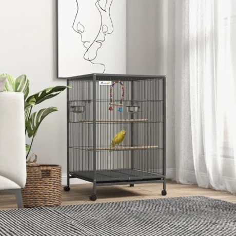 Compact Bird Cage with Wheels, Perches and Swing – Grey