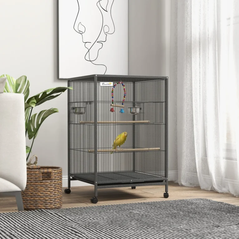 Compact Bird Cage with Wheels, Perches and Swing – Grey
