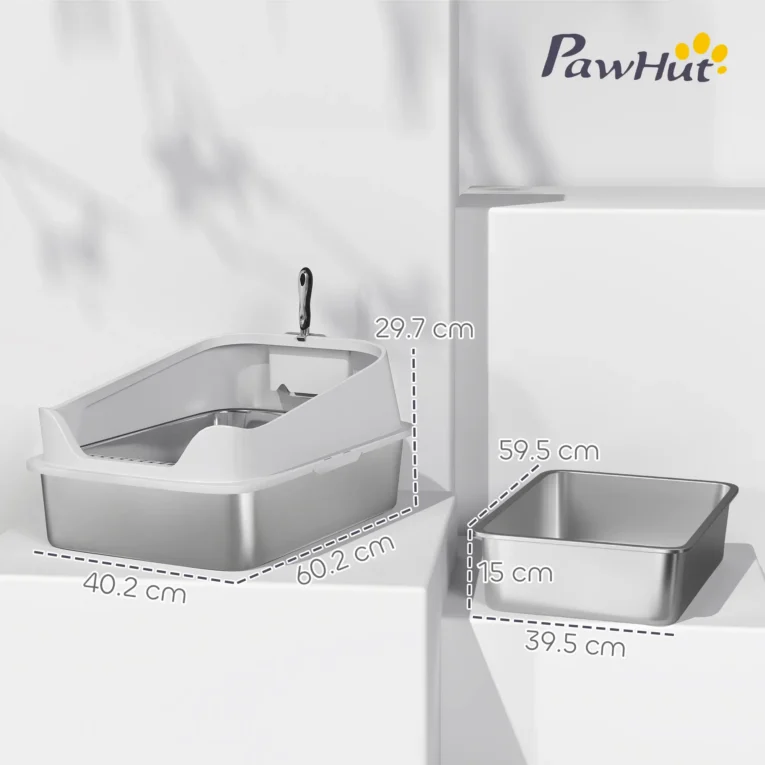 XL High-Sided Steel Cat Litter Tray with Scoop – Grey, 60cm