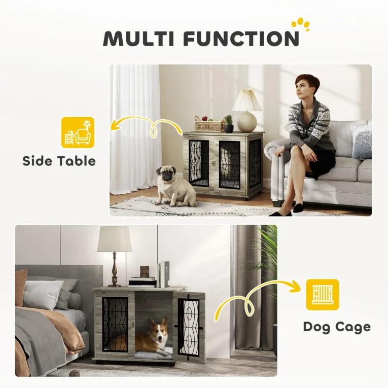 Indoor Dog Crate End Table with Cushion – Grey wood effect
