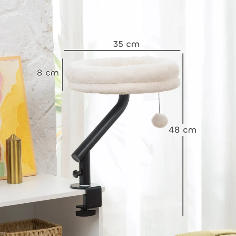 Clamp-On Rotating Cat Desk Bed with Washable Cushion – Cream White
