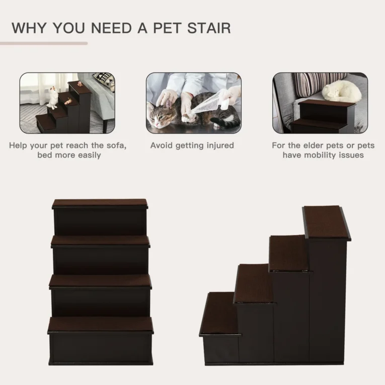 Four-Step Pet Stairs with Removable Tread Pads – Dark Brown
