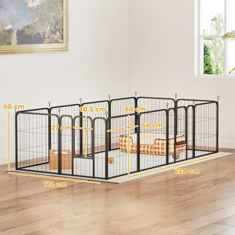 Twelve-Panel Dog Playpen with Two Gates – Black, 60cm High