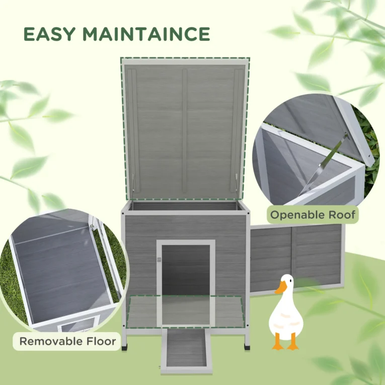 Wooden Duck House with Opening Roof and Ramp – Light Grey