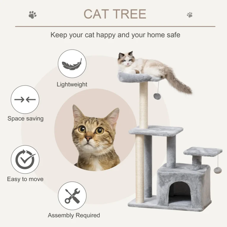 Cat Tower with Den and Raised Perches – Light Grey, 114cm