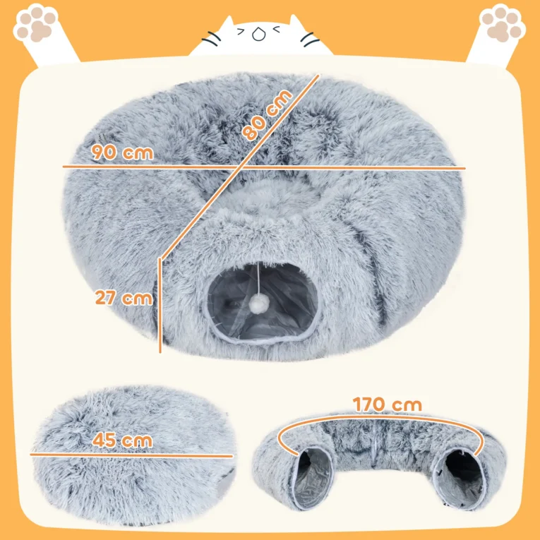 Plush Cat Tunnel with Removable Bed – Light Grey Plush Cat Tunnel with Removable Bed – Light Grey