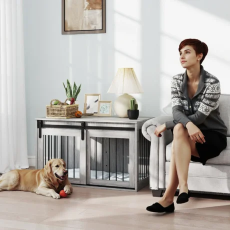 Sliding-Door Dog Crate Side Table with Cushion – Grey, 98cm
