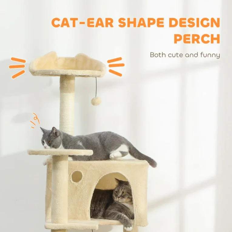 Tall Cat Tower with Two Dens and Hammock – Beige, 180cm