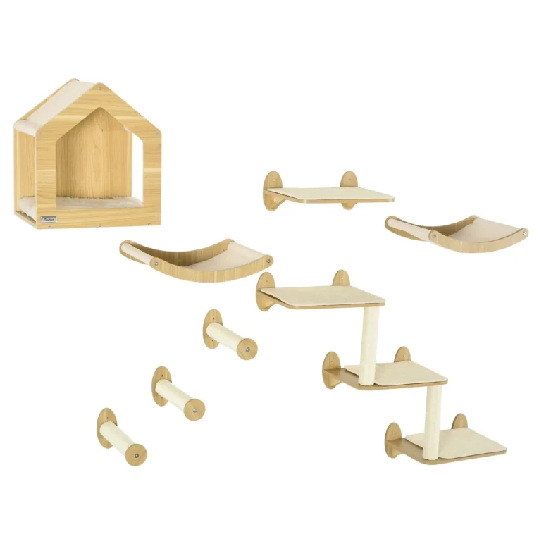 Eight-Piece Wall Cat Furniture Set with House and Steps – Oak Tone Eight-Piece Wall Cat Furniture Set with House and Steps – Oak Tone