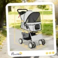 Folding Pet Stroller with Reflective Strips and Basket – Grey